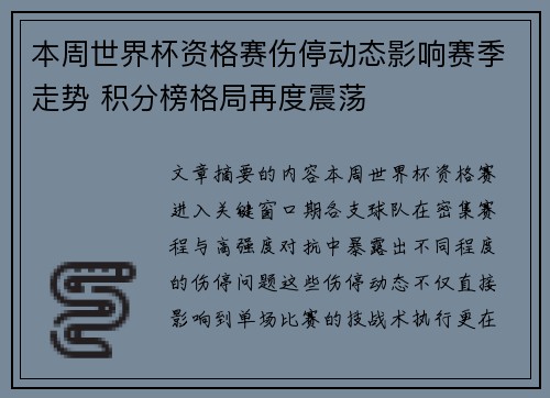 本周世界杯资格赛伤停动态影响赛季走势 积分榜格局再度震荡 本周世界杯资格赛伤停动态影响赛季走势 积分榜格局再度震荡